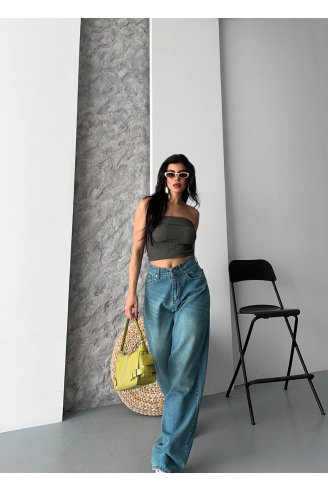 Baggy taş enzim bıyık yıkama jeans pantolon yeşil tint d2007