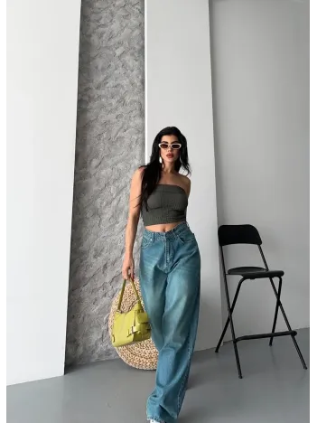 Baggy Taş Enzim Bıyık Yıkama Jeans Pantolon Yeşil Tint D2007