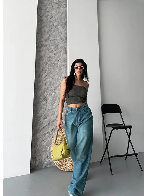 Baggy Taş Enzim Bıyık Yıkama Jeans Pantolon Yeşil Tint D2007