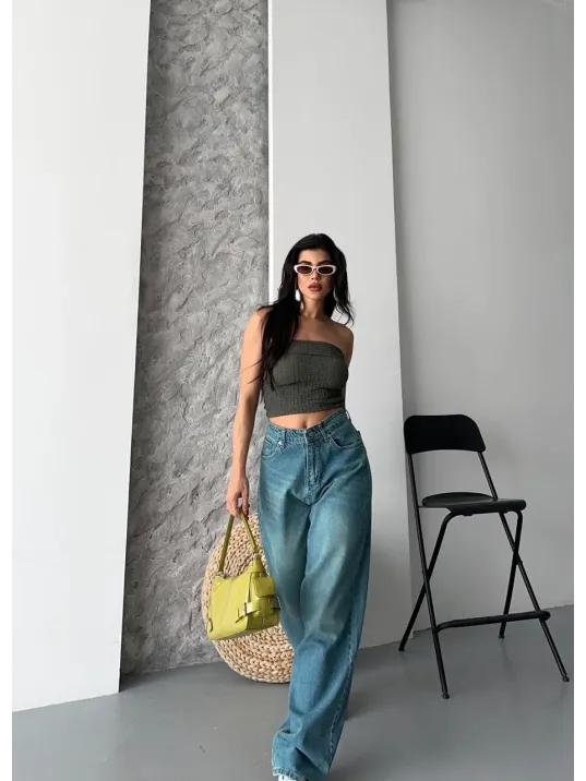 Baggy Taş Enzim Bıyık Yıkama Jeans Pantolon Yeşil Tint D2007 Baggy Taş Enzim Bıyık Yıkama Jeans Pantolon Yeşil Tint D2007