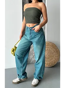Baggy Taş Enzim Bıyık Yıkama Jeans Pantolon Yeşil Tint D2007
