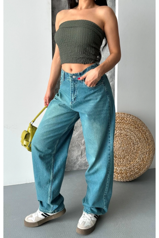 Baggy taş enzim bıyık yıkama jeans pantolon yeşil tint d2007