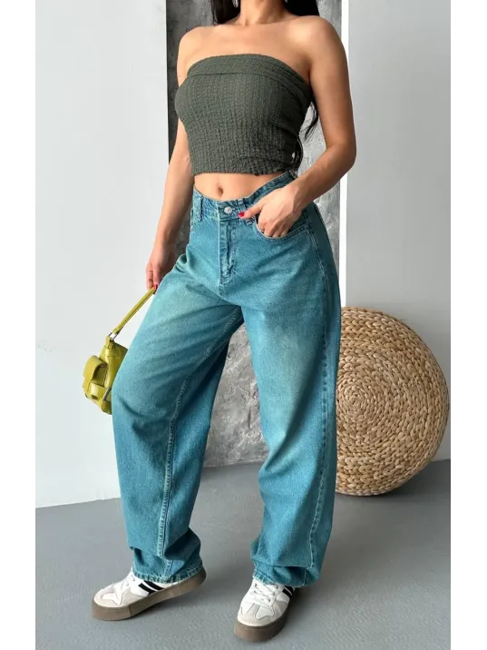 Baggy Taş Enzim Bıyık Yıkama Jeans Pantolon Yeşil Tint D2007 Baggy Taş Enzim Bıyık Yıkama Jeans Pantolon Yeşil Tint D2007