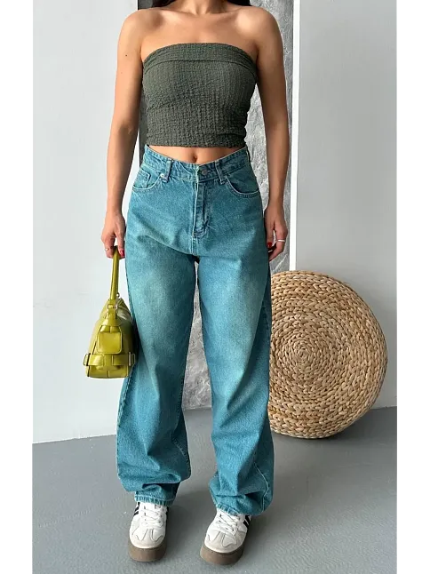 Baggy Taş Enzim Bıyık Yıkama Jeans Pantolon Yeşil Tint D2007
