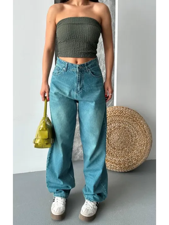 Baggy Taş Enzim Bıyık Yıkama Jeans Pantolon Yeşil Tint D2007 Baggy Taş Enzim Bıyık Yıkama Jeans Pantolon Yeşil Tint D2007