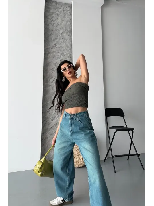 Baggy Taş Enzim Bıyık Yıkama Jeans Pantolon Yeşil Tint D2007 Baggy Taş Enzim Bıyık Yıkama Jeans Pantolon Yeşil Tint D2007