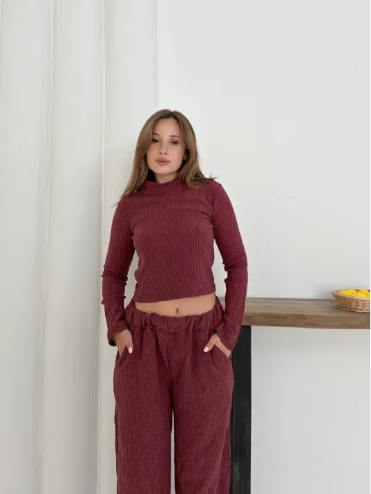 Balıkçı Yaka Örme Takım Bordo St265865