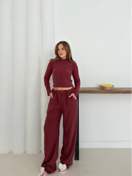 Balıkçı Yaka Örme Takım Bordo St265865