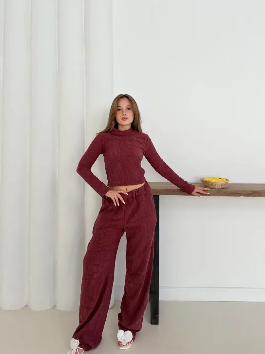 Balıkçı Yaka Örme Takım Bordo St265865