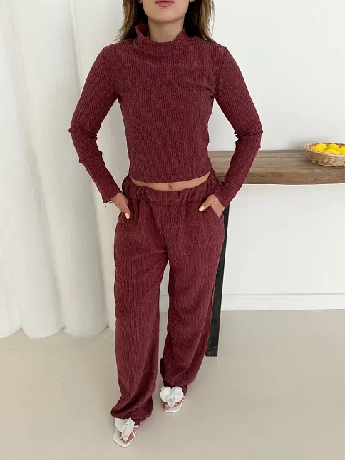 Balıkçı Yaka Örme Takım Bordo St265865