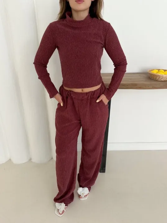 Balıkçı Yaka Örme Takım Bordo St265865