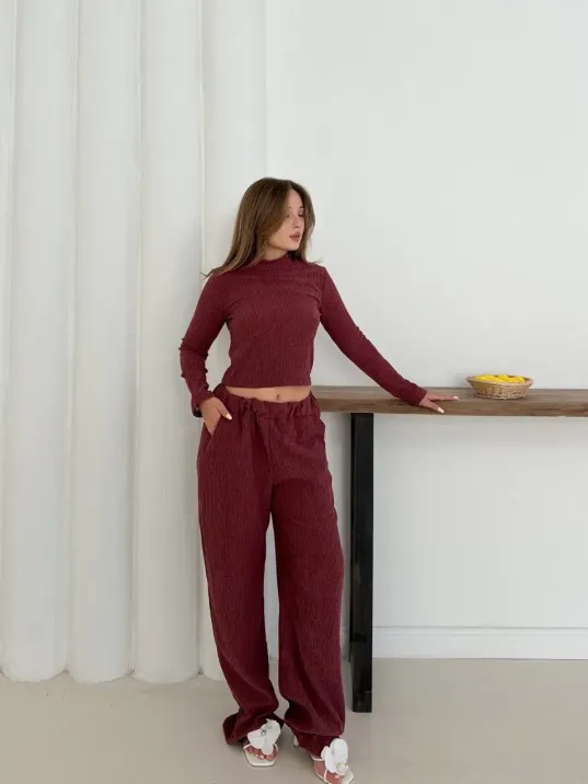 Balıkçı Yaka Örme Takım Bordo St265865