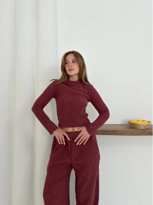 Balıkçı Yaka Örme Takım Bordo St265865