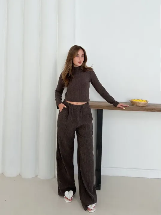 Balıkçı Yaka Örme Takım Kahve St265865