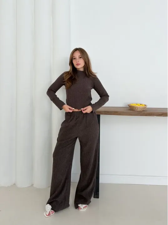 Balıkçı Yaka Örme Takım Kahve St265865