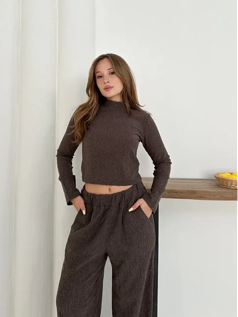 Balıkçı Yaka Örme Takım Kahve St265865