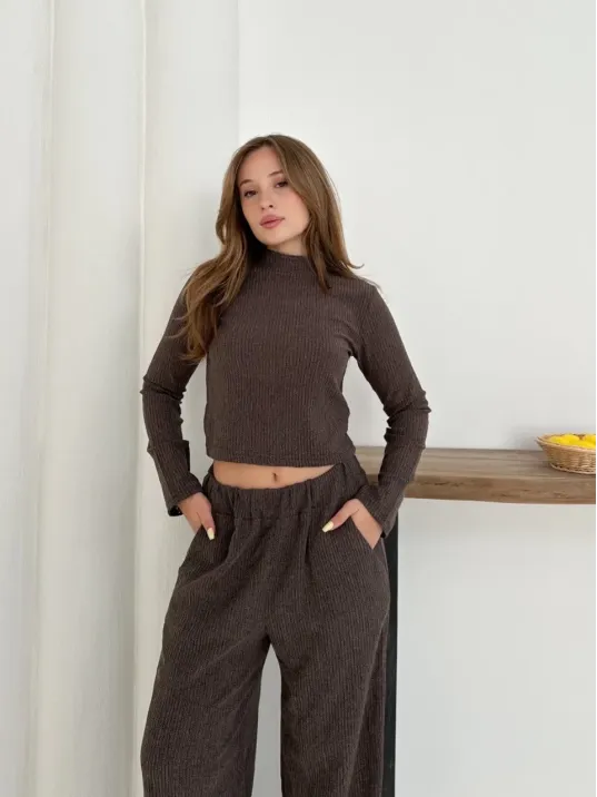 Balıkçı Yaka Örme Takım Kahve St265865