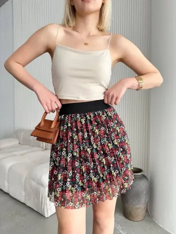 Baskılı Astarlı Mini Etek