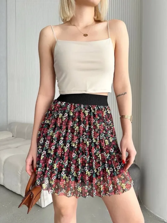 Baskılı Astarlı Mini Etek