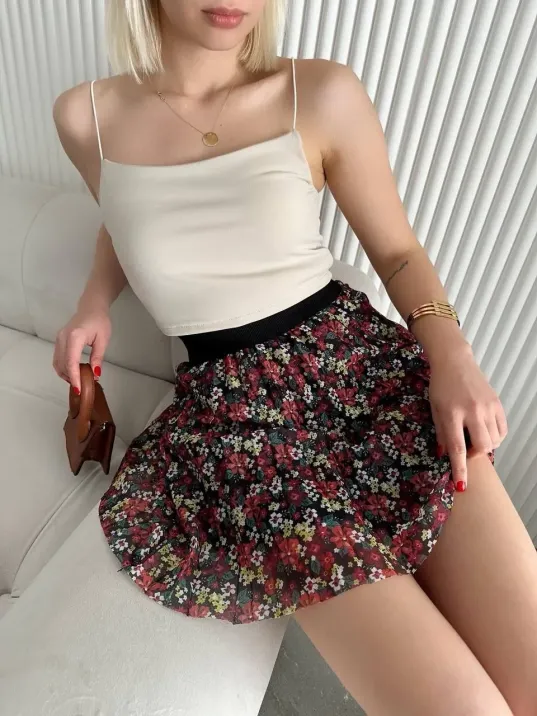 Baskılı Astarlı Mini Etek