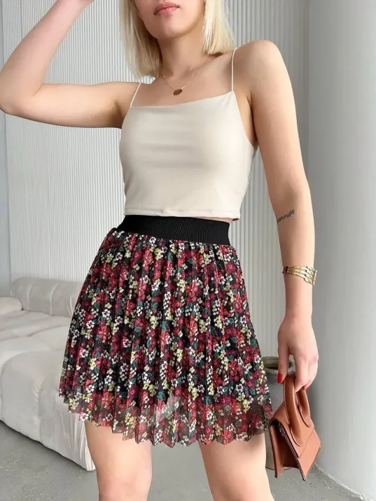 Baskılı Astarlı Mini Etek