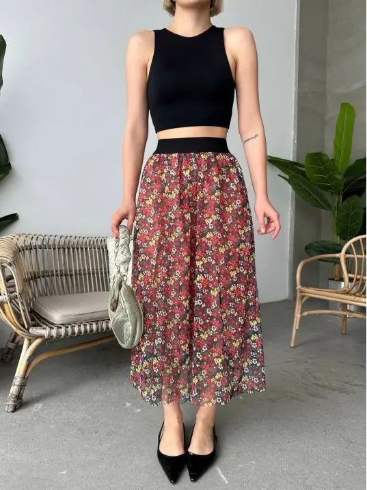 Baskılı Astarlı Uzun Etek