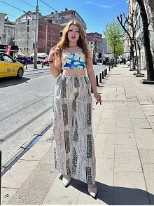Baskılı Bağcıklı Keten Pantolon Krem