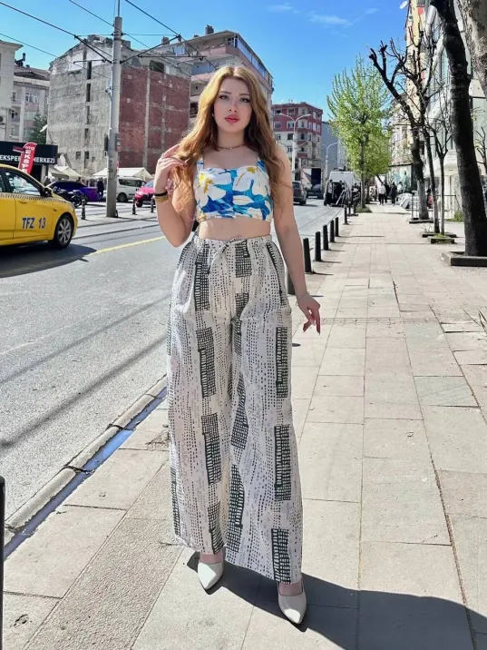 Baskılı Bağcıklı Keten Pantolon Krem