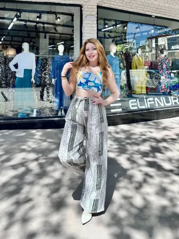 Baskılı Bağcıklı Keten Pantolon Krem