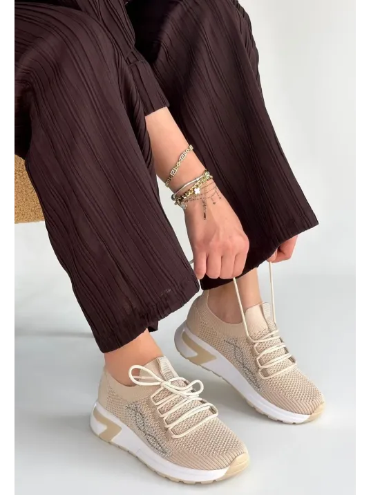 Belan Bej Triko Bağcıklı Spor Ayakkabı