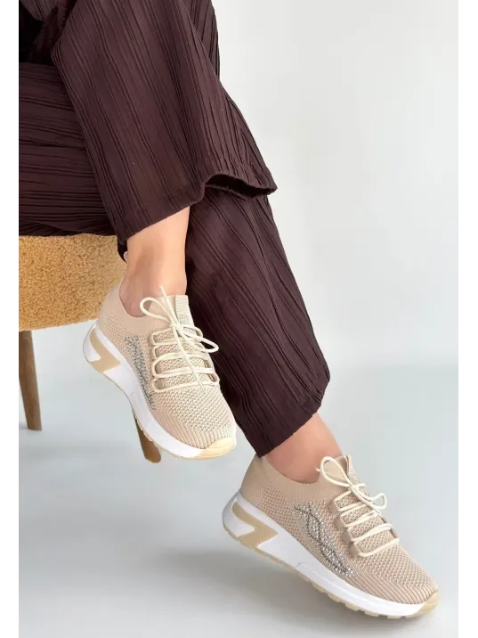 Belan Bej Triko Bağcıklı Spor Ayakkabı