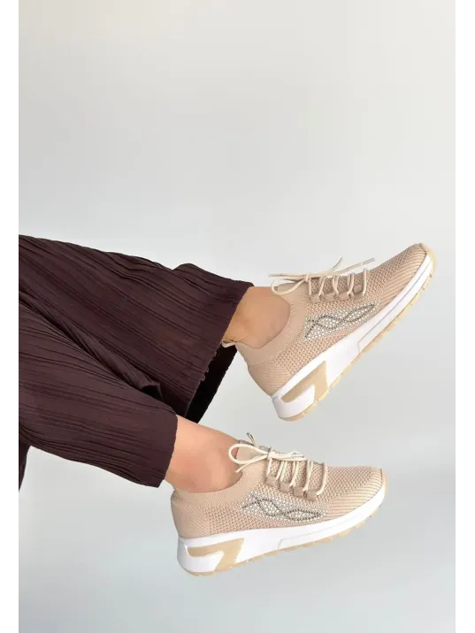 Belan Bej Triko Bağcıklı Spor Ayakkabı