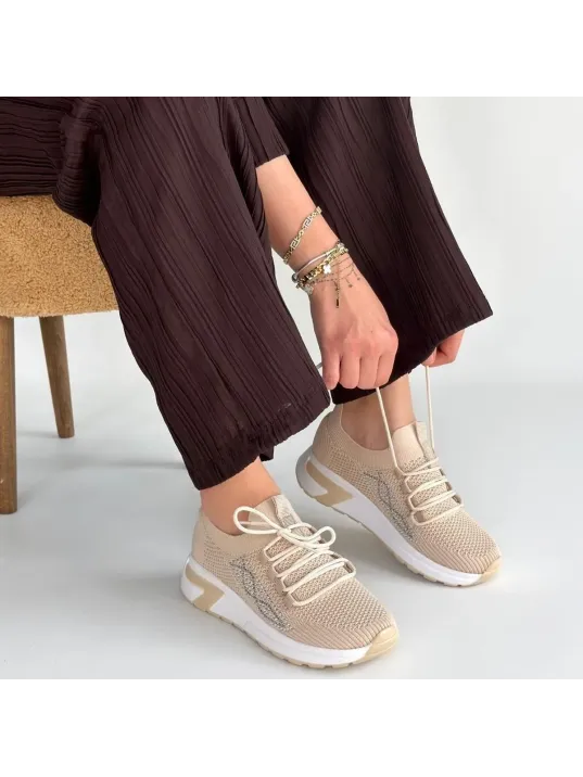 Belan Bej Triko Bağcıklı Spor Ayakkabı