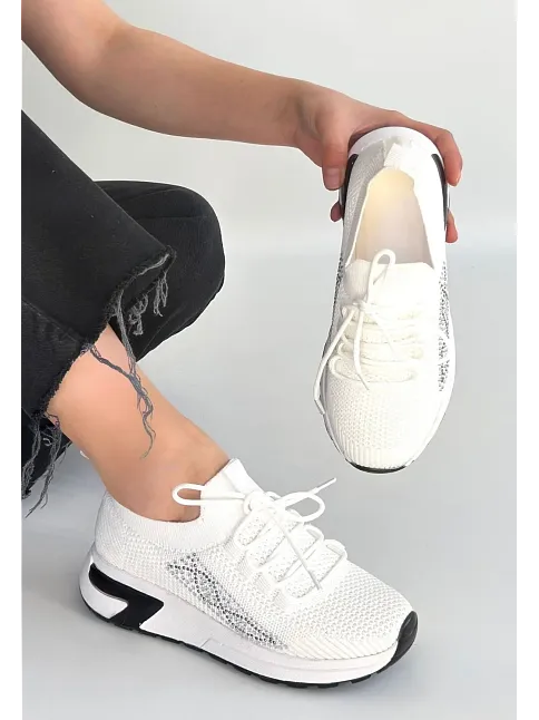 Belan Beyaz Triko Bağcıklı Spor Ayakkabı