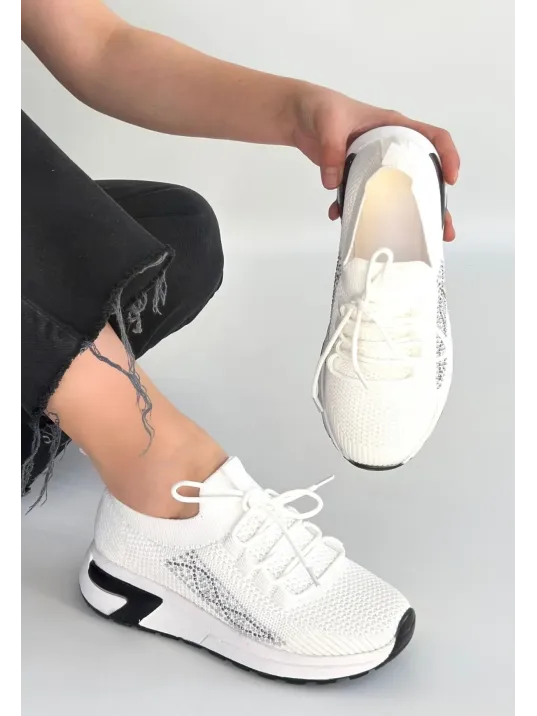 Belan Beyaz Triko Bağcıklı Spor Ayakkabı
