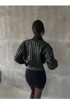 Beli Büzgülü Crop Deri Ceket Siyah