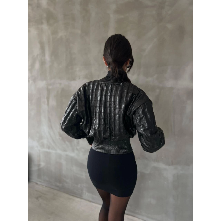 Beli büzgülü crop deri ceket siyah Beli büzgülü crop deri ceket siyah