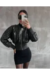 Beli Büzgülü Crop Deri Ceket Siyah