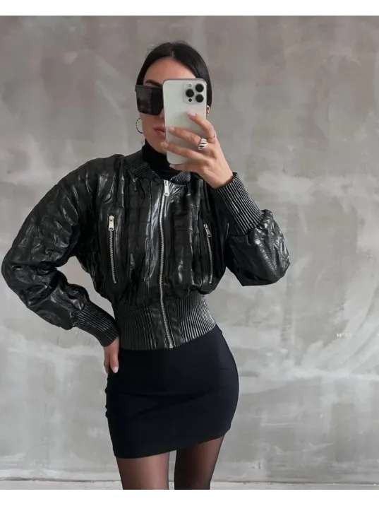 Beli Büzgülü Crop Deri Ceket Siyah