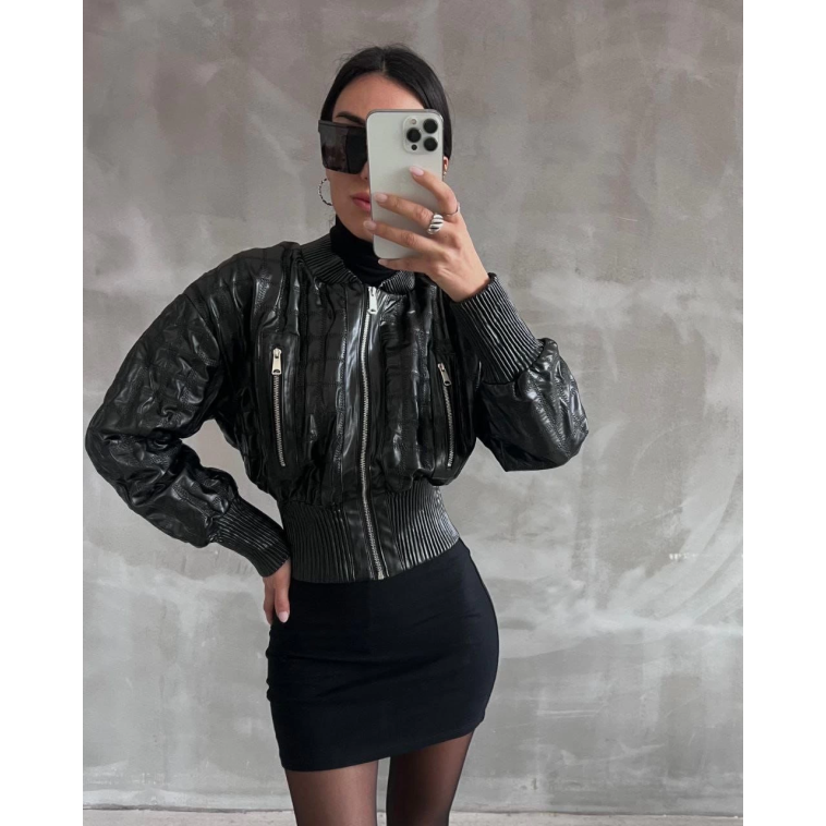 Beli büzgülü crop deri ceket siyah Beli büzgülü crop deri ceket siyah