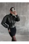 Beli Büzgülü Crop Deri Ceket Siyah