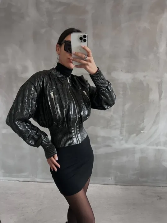Beli Büzgülü Crop Deri Ceket Siyah
