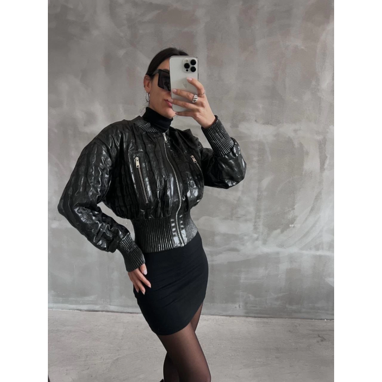 Beli büzgülü crop deri ceket siyah Beli büzgülü crop deri ceket siyah