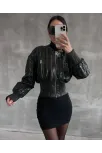 Beli Büzgülü Crop Deri Ceket Siyah