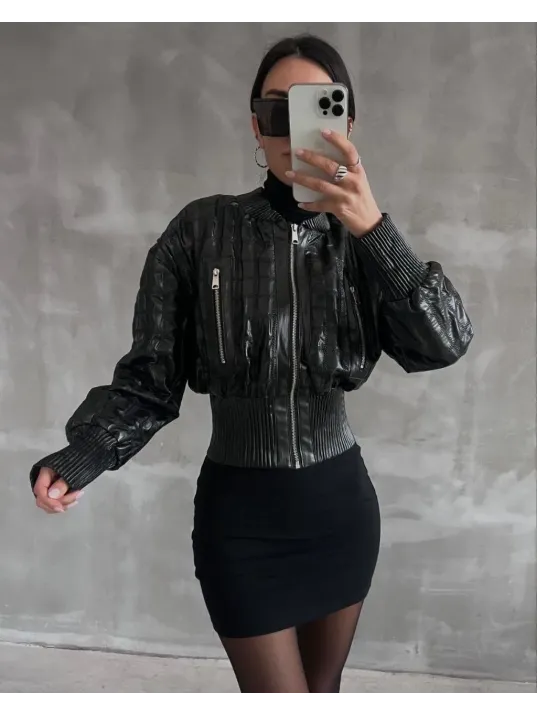 Beli Büzgülü Crop Deri Ceket Siyah