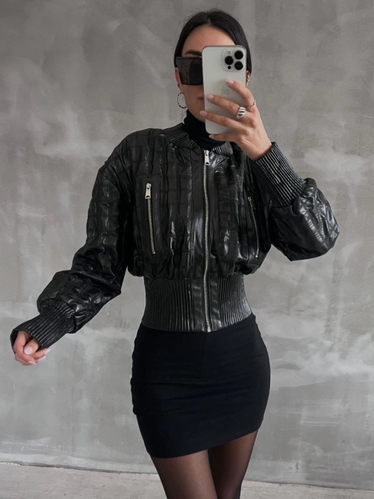 Beli büzgülü crop deri ceket siyah Beli büzgülü crop deri ceket siyah
