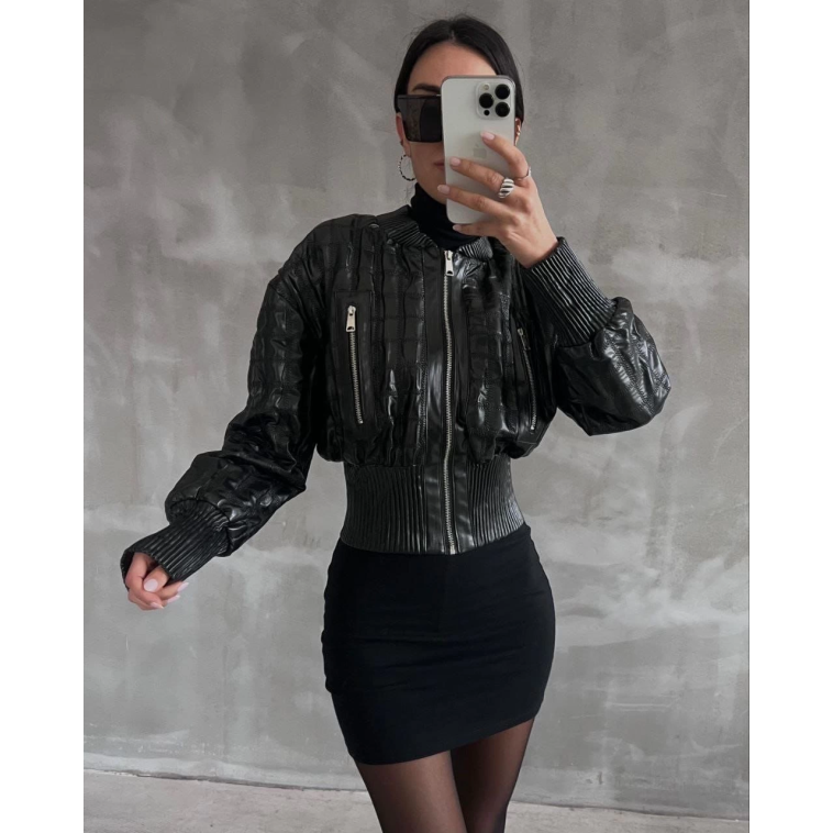 Beli büzgülü crop deri ceket siyah Beli büzgülü crop deri ceket siyah