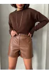 Beli Lastikli Çıtçıtlı Deri Şort Kahve W241007