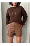 Beli Lastikli Çıtçıtlı Deri Şort Kahve W241007