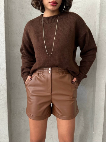 Beli lastikli çıtçıtlı deri şort kahve w241007 Beli lastikli çıtçıtlı deri şort kahve w241007